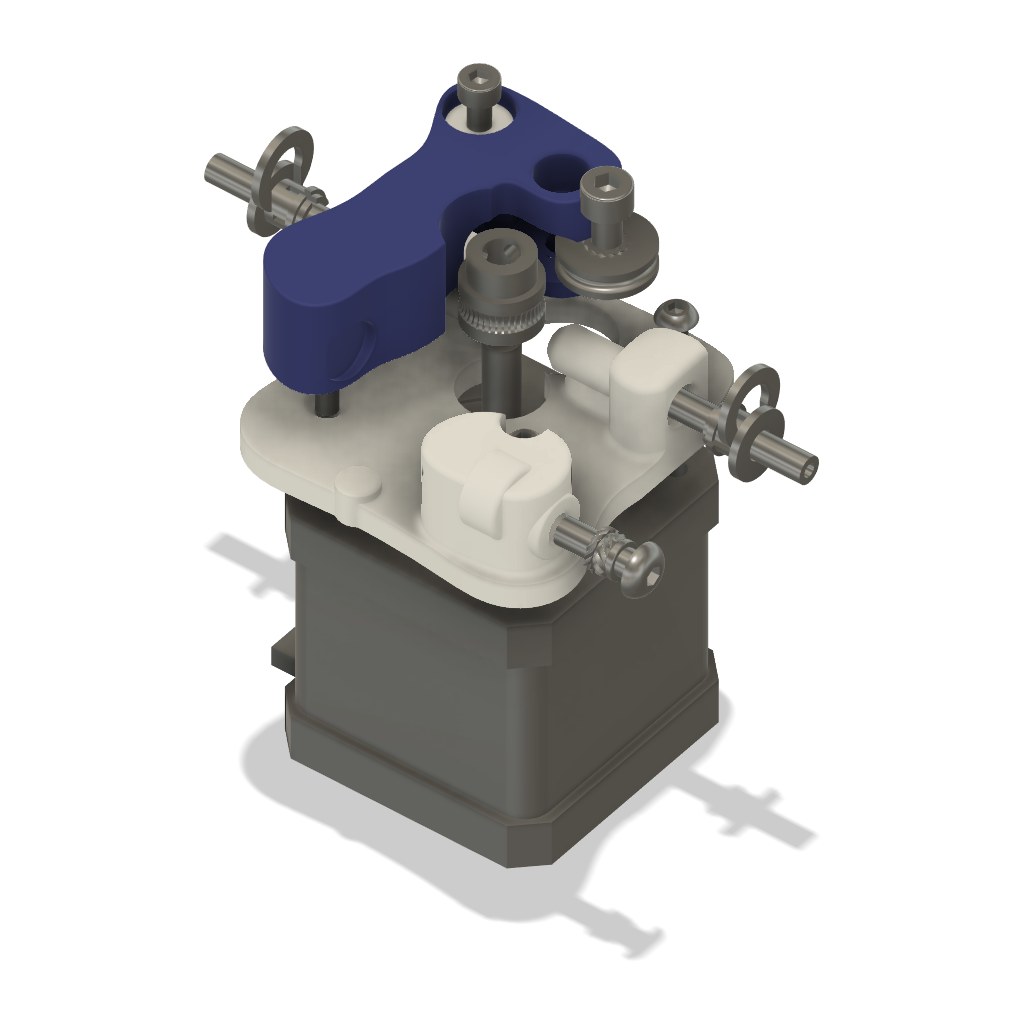 Branca exploded view: white printed body, bushing and spring carrier, blue idler arm, and the stock Ender 3 Pro motor, gear, idler, spring and screws