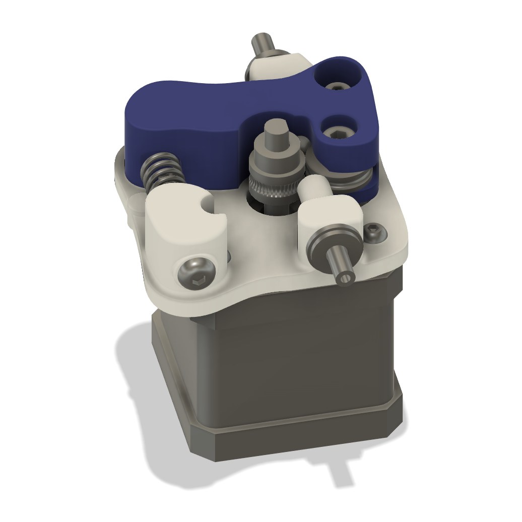 Branca R59 assembled on the stock NEMA 17 motor: white body, blue idler arm