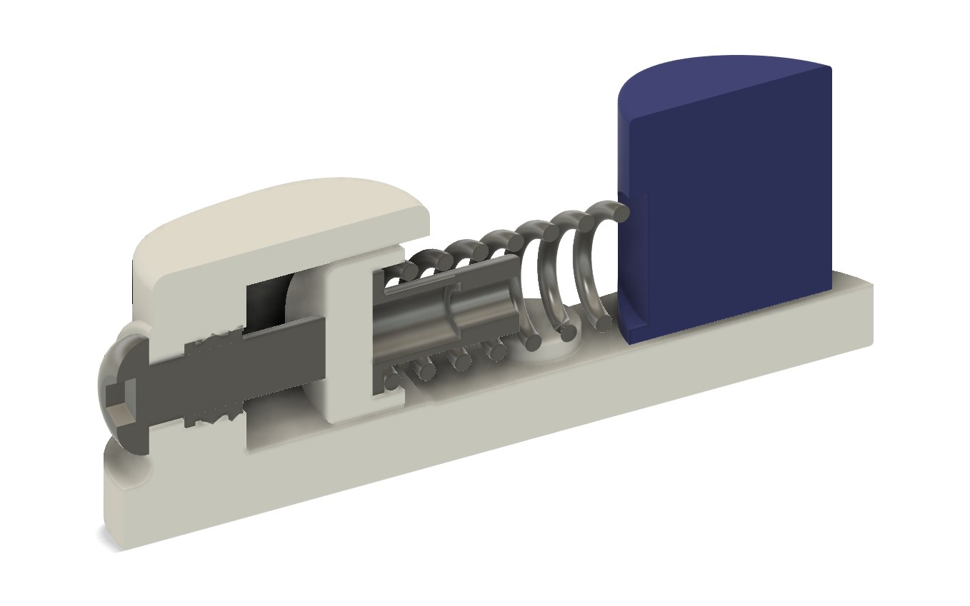 Section view of the tensioner: stock spring, M4 adjuster screw, heat-set insert and printed spring carrier