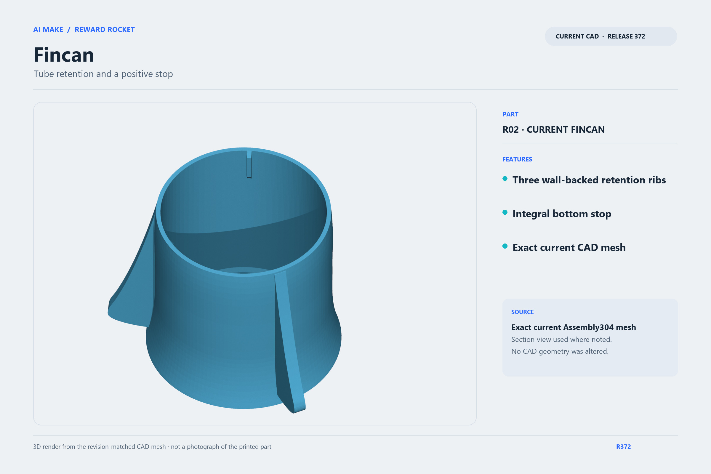 Blue integral fincan with ribs and tube stop (CAD re-render)